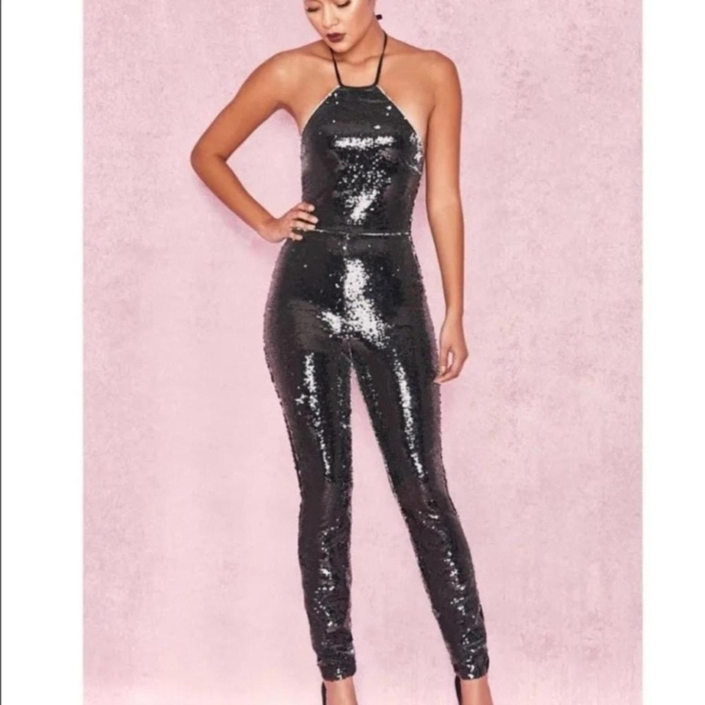 House of CB Black Sequin Halter Jumpsuit
